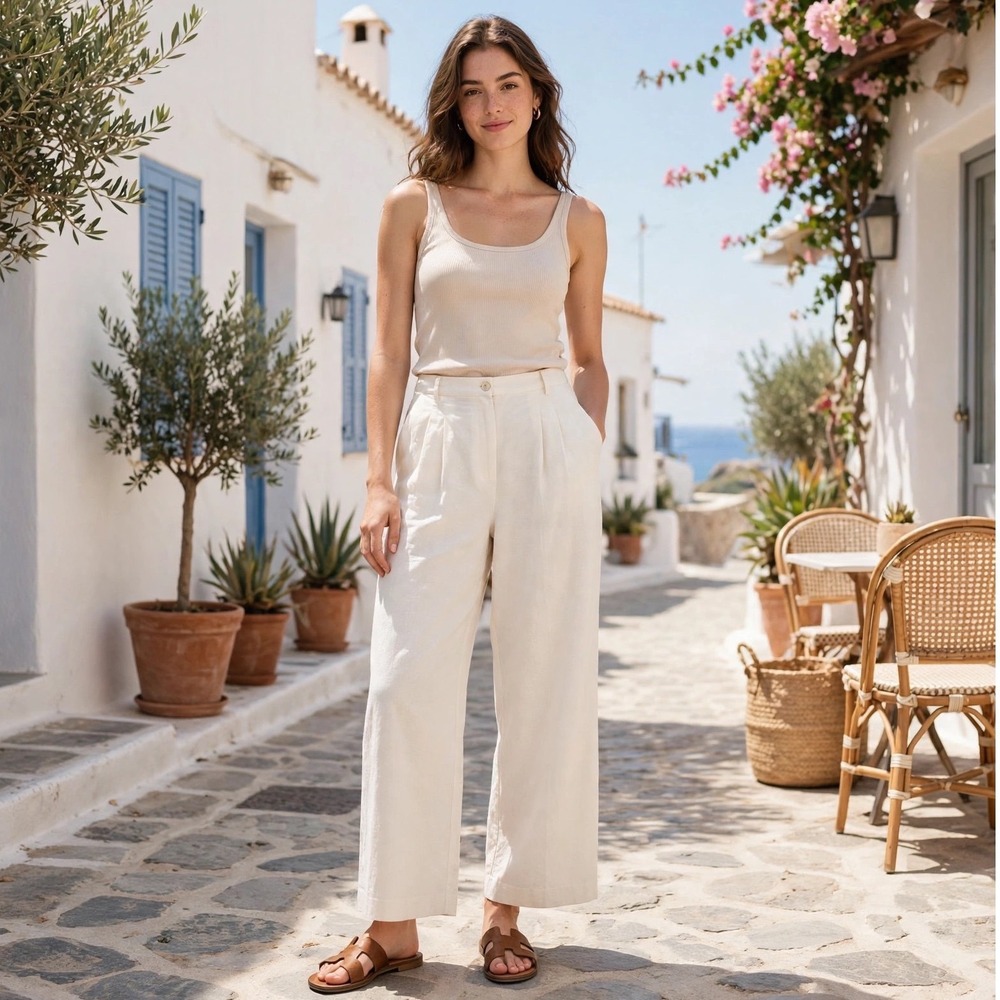 HM Women Off White Linen Blend Wide Leg Pleated Trousers Pants Size 18 NEW